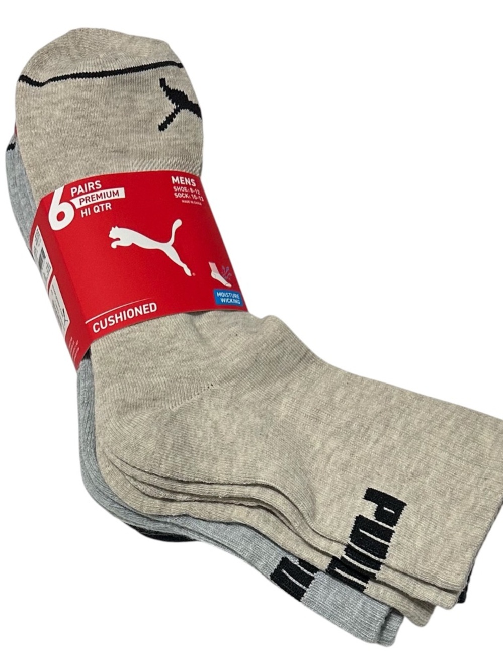 Puma Men's Premium 6-Pair High Quarter Socks Large (8-12) Beige/Gray